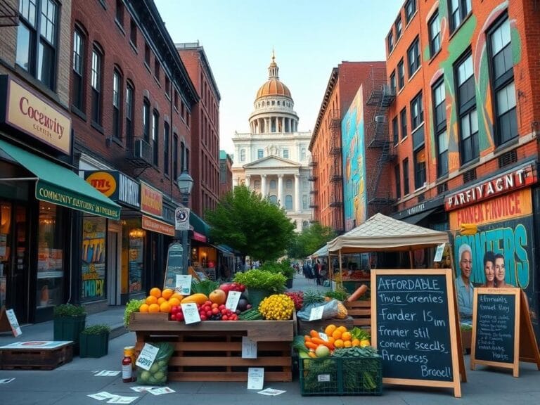 Flick International A vibrant urban scene in Brooklyn featuring a farmer's market and diverse storefronts.