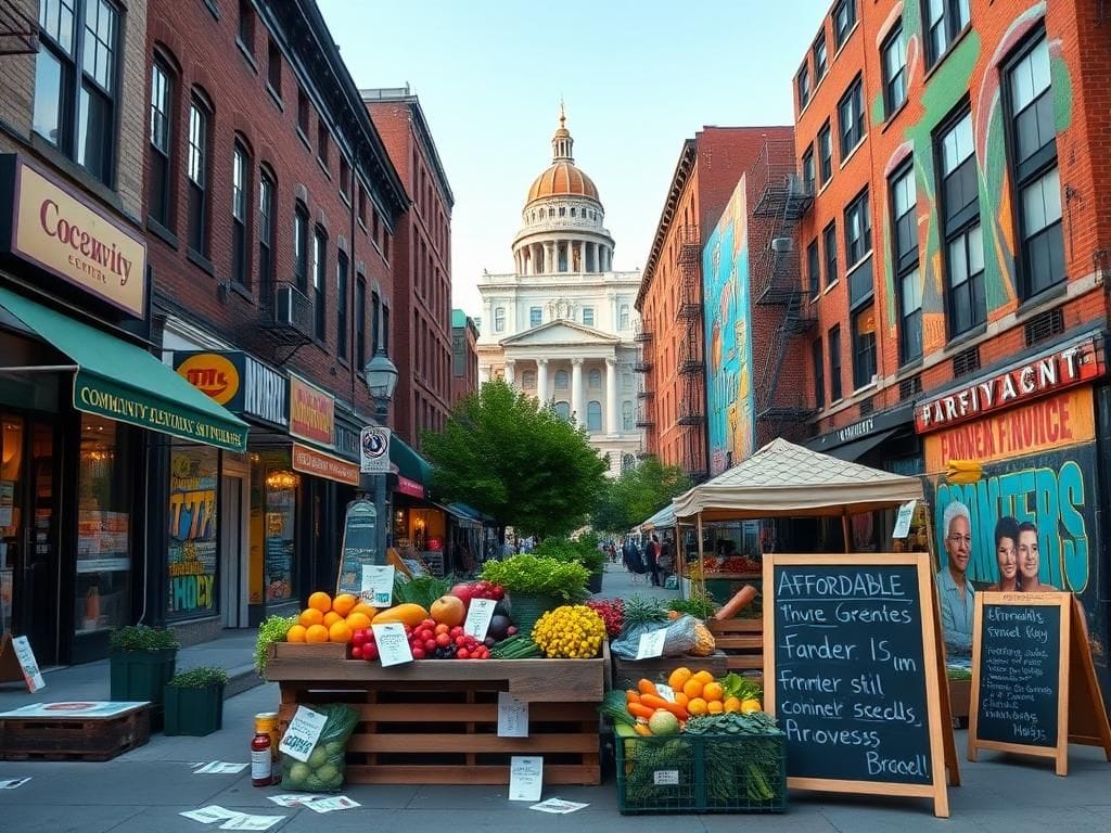 Flick International A vibrant urban scene in Brooklyn featuring a farmer's market and diverse storefronts.