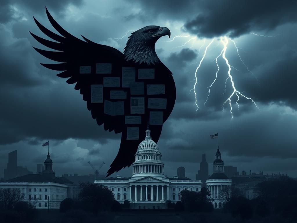 Flick International Abstract representation of Washington, D.C. with iconic landmarks and a shadowy eagle made from documents