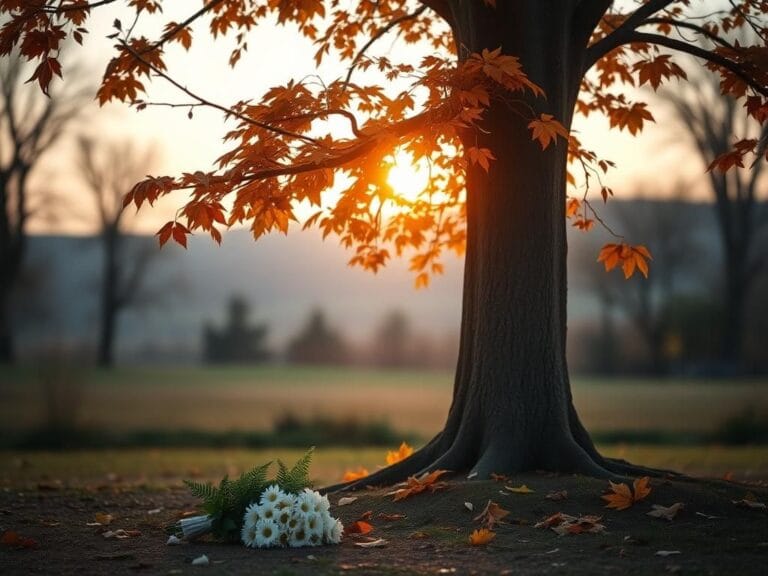 Flick International A serene park scene at dusk with a single aged tree and autumn leaves symbolizing loss