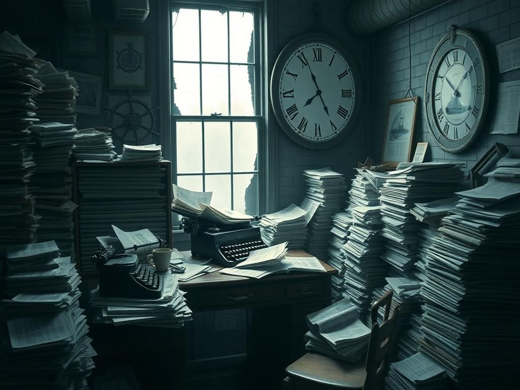 Flick International A cluttered newsroom filled with stacks of newspapers and a vintage desk, symbolizing journalistic chaos.