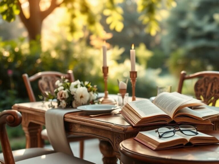 Flick International Serene outdoor setting for reflection, with a table set for two adorned with flowers and candles