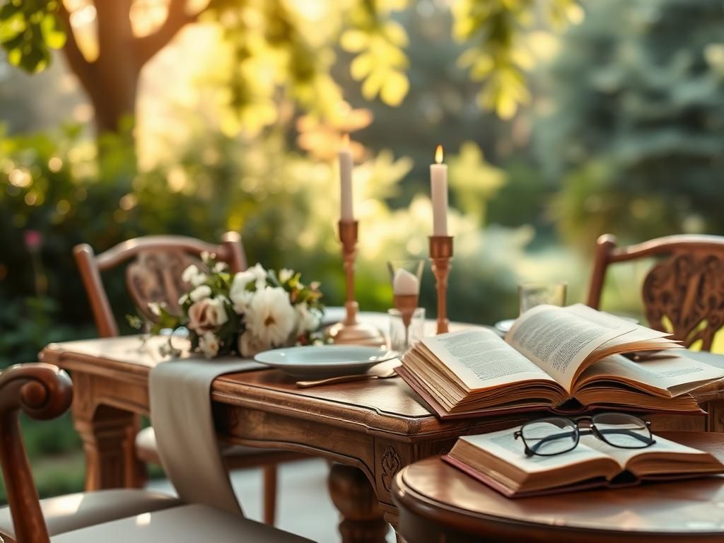 Flick International Serene outdoor setting for reflection, with a table set for two adorned with flowers and candles