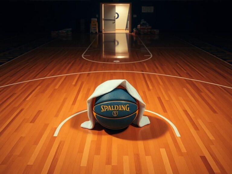 Flick International A close-up of a blue and gold Indiana Fever basketball sitting on a basketball court, partially covered by a white towel, symbolizing a moment of distress after a player's injury.