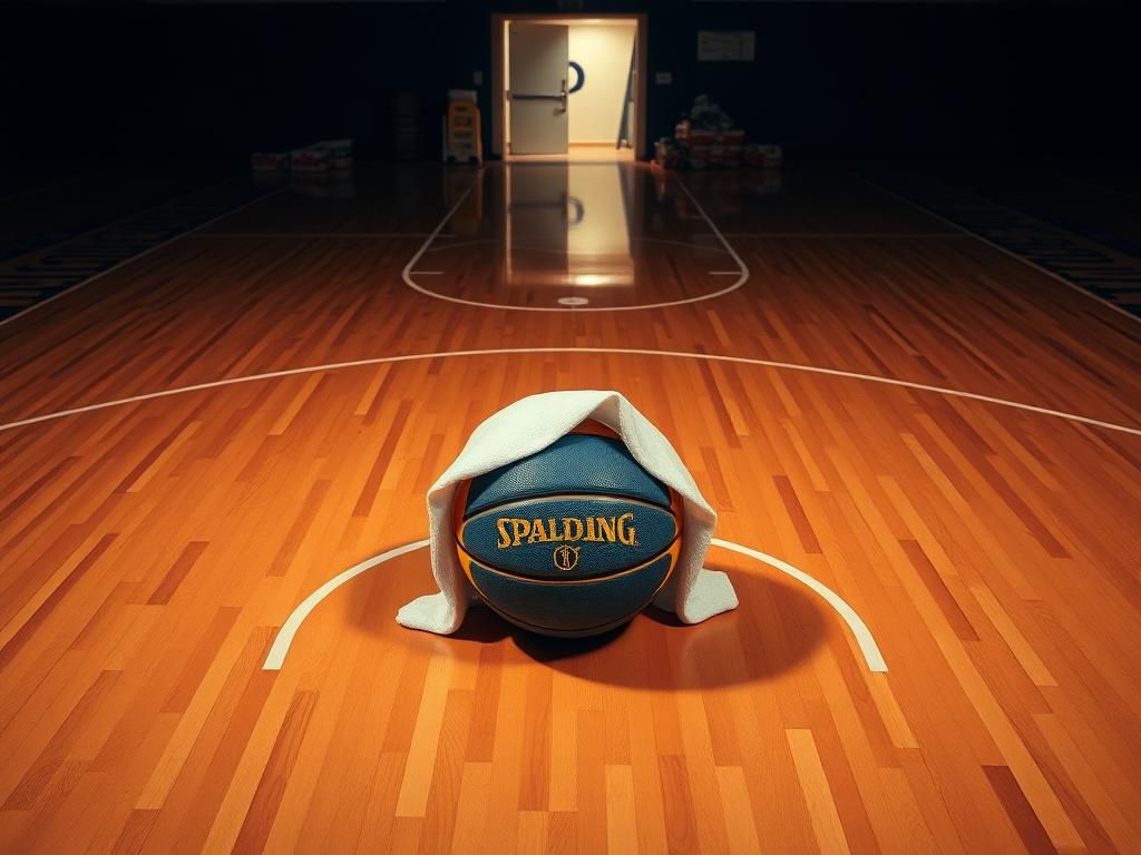 Flick International A close-up of a blue and gold Indiana Fever basketball sitting on a basketball court, partially covered by a white towel, symbolizing a moment of distress after a player's injury.