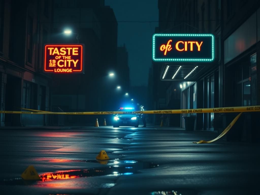Flick International Dimly lit street in Crown Heights, Brooklyn, with evidence markers and police tape reflecting urgency over gun violence