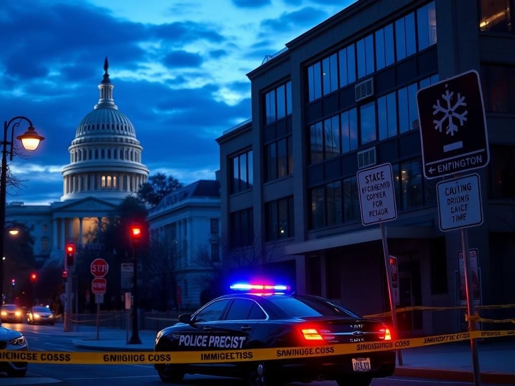 Flick International A dramatic urban scene of Washington D.C. at dusk with the Capitol Building and White House illuminated