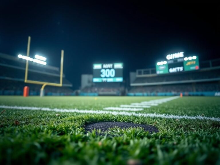 Flick International Close-up view of a grass patch with a player's cleat imprint on a football field under stadium lights