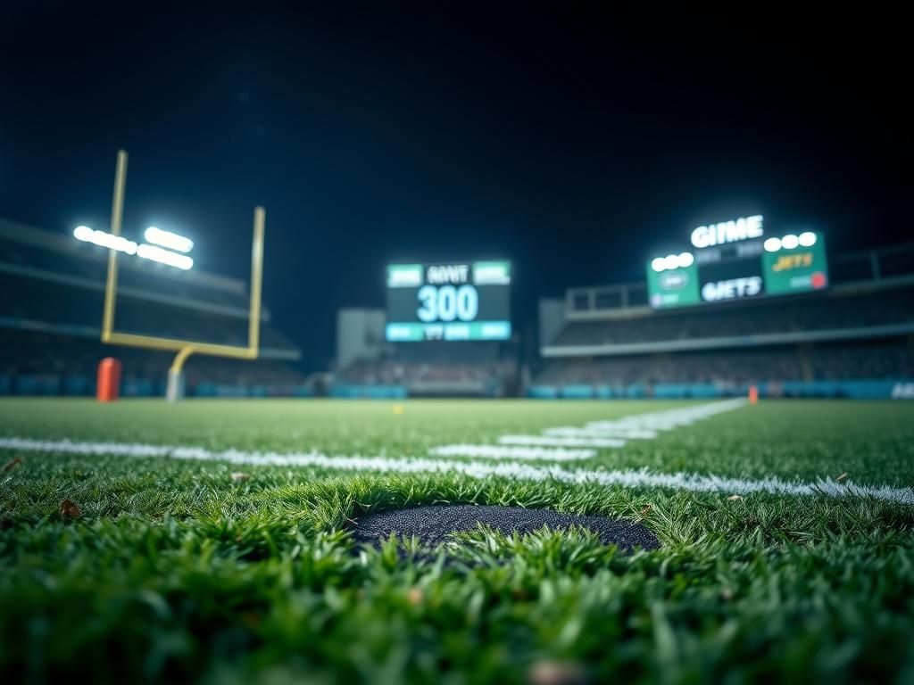 Flick International Close-up view of a grass patch with a player's cleat imprint on a football field under stadium lights