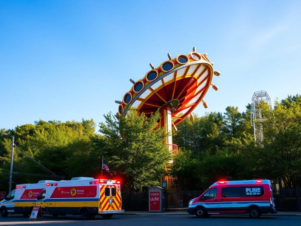 Flick International Colorful amusement park ride at Six Flags America showing paused ride with emergency vehicles nearby