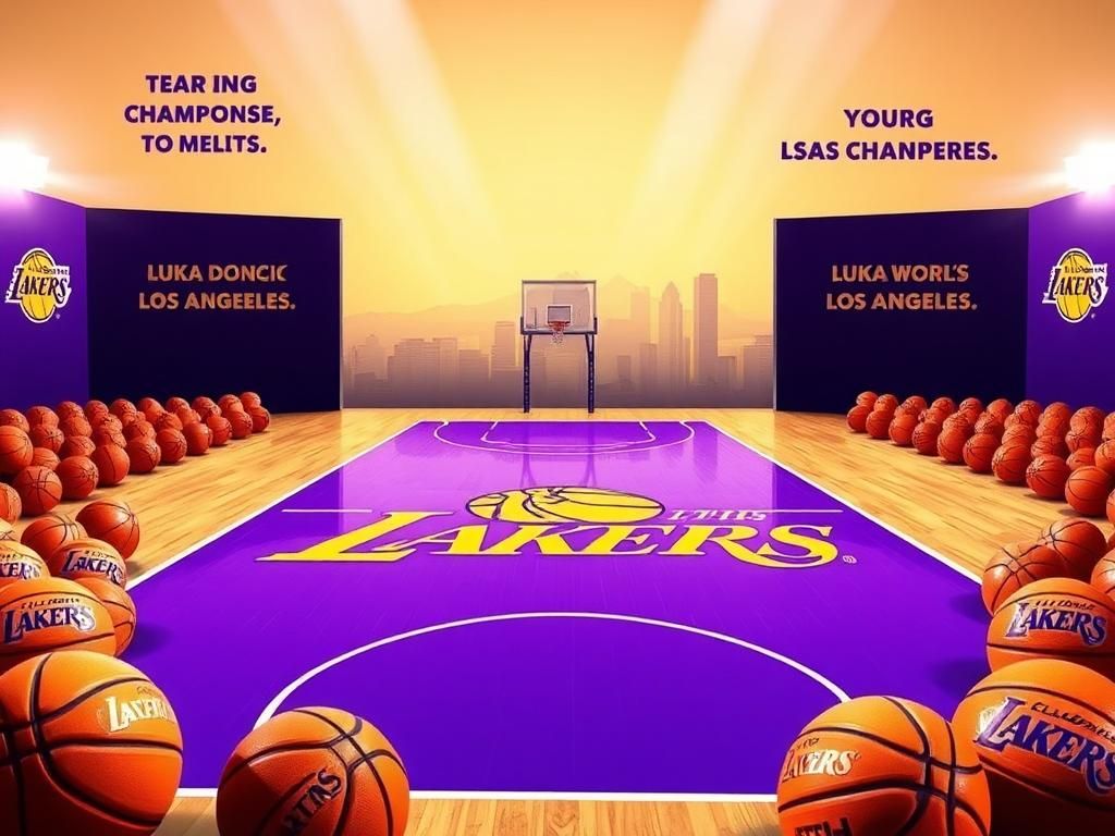 Flick International Vibrant basketball court depicting Lakers' iconic colors with Los Angeles skyline silhouette