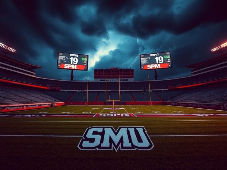 Flick International Dramatic football atmosphere at a stadium focusing on SMU Mustangs logo