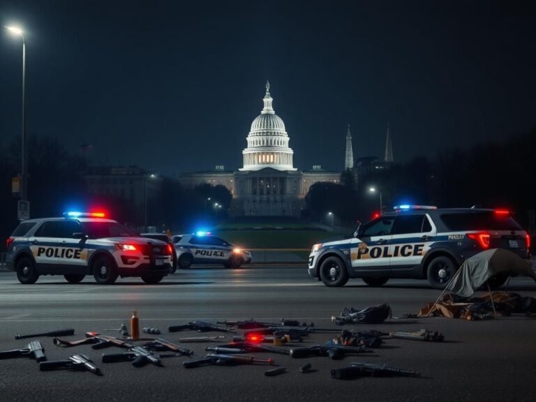 Flick International Police checkpoint with vehicles and Washington D.C. skyline at night