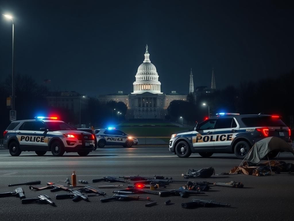 Flick International Police checkpoint with vehicles and Washington D.C. skyline at night