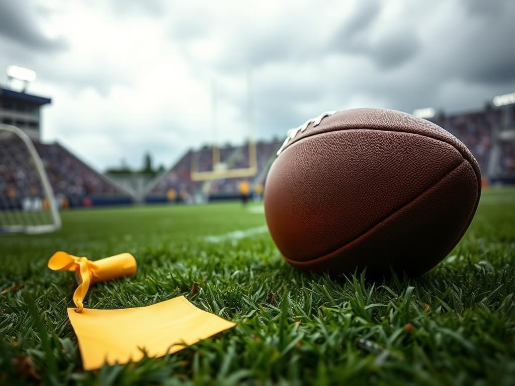 Flick International Close-up of a football rolling on green turf with a yellow penalty flag nearby during a preseason game.