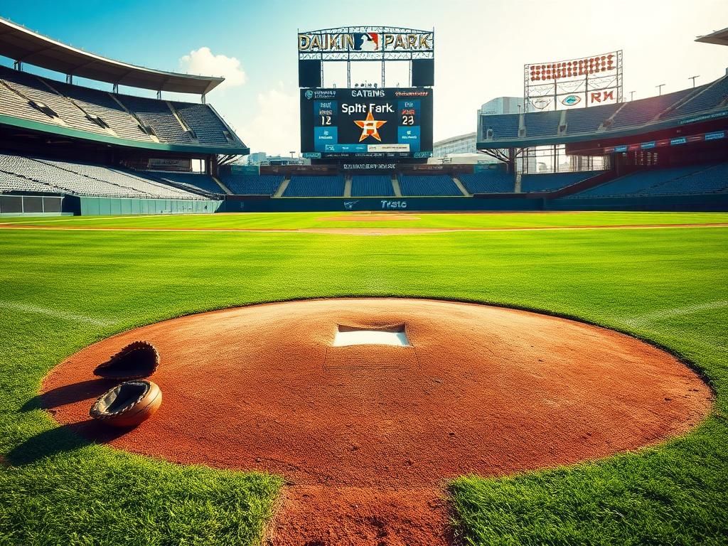 Flick International A baseball field at Daikin Park with an empty pitcher’s mound and scattered baseball gear under afternoon sunlight