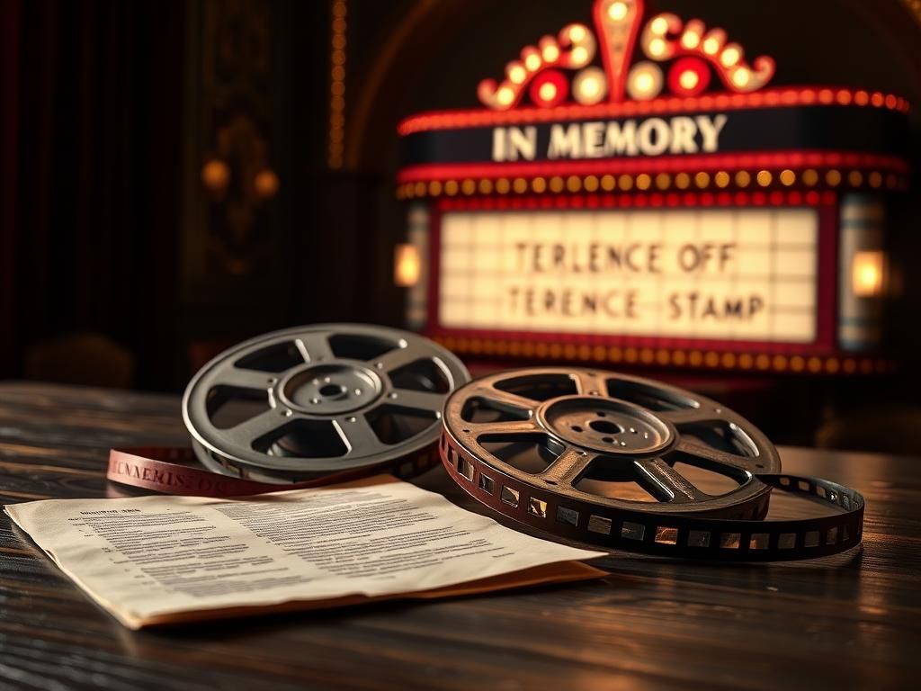 Flick International Vintage film reel and worn script page commemorating Terence Stamp