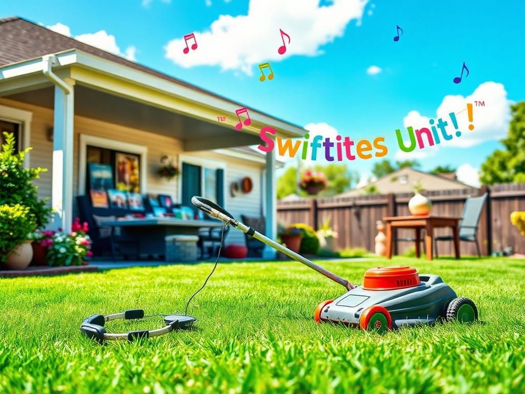 Flick International Peaceful suburban backyard with a push mower and Taylor Swift memorabilia