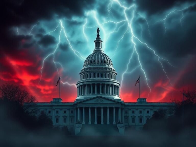 Flick International Dramatic view of the U.S. Capitol building under stormy skies, symbolizing political turmoil.