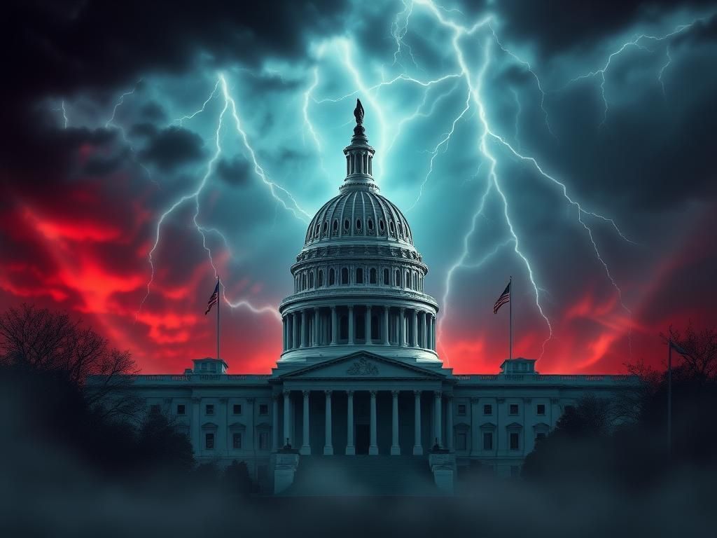 Flick International Dramatic view of the U.S. Capitol building under stormy skies, symbolizing political turmoil.