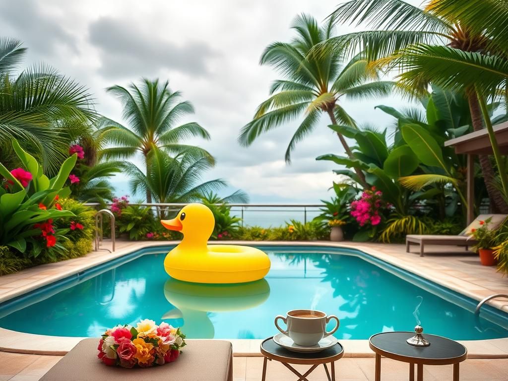 Flick International A whimsical inflatable yellow duck floating in a private pool surrounded by tropical greenery