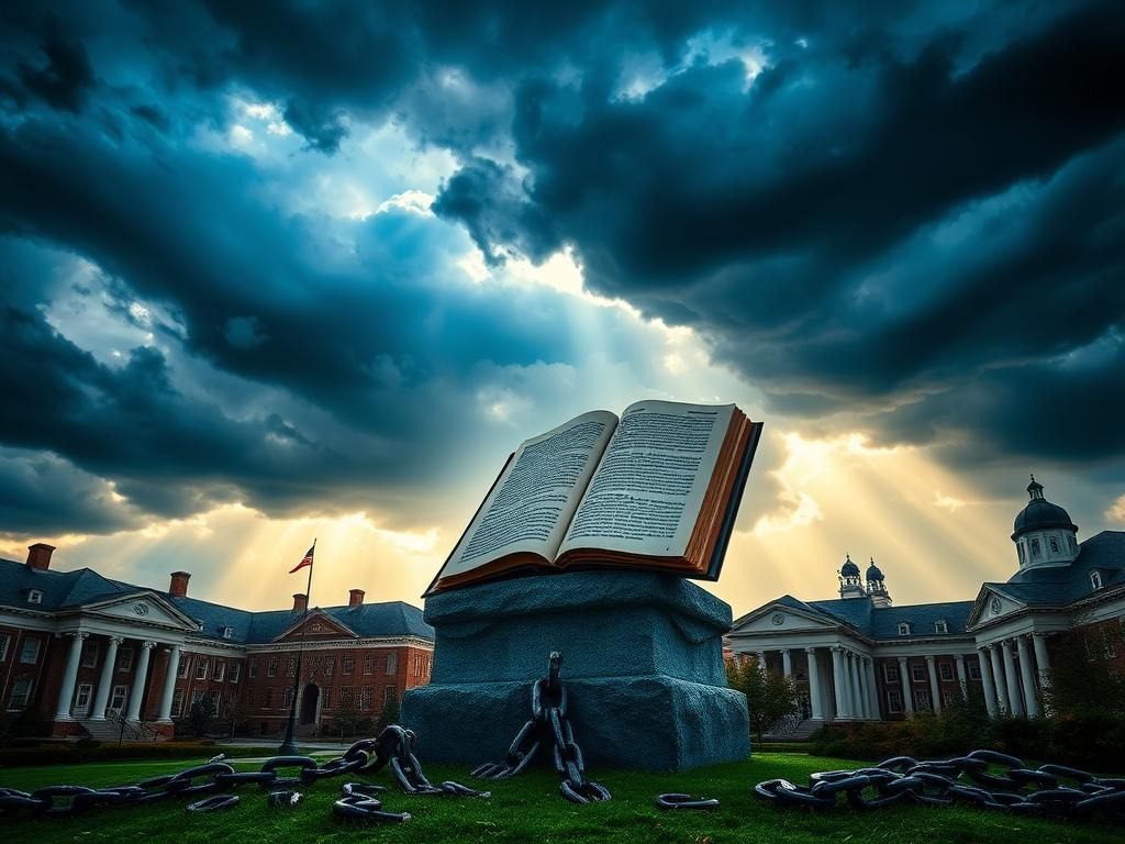 Flick International Prestigious university campuses like Harvard and Columbia under a dramatic sky symbolizing conflict and integrity