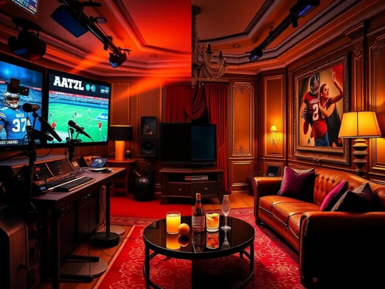 Flick International Split-screen showing a sports broadcast studio and a luxurious living room, symbolizing competition and drama.