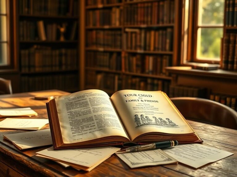 Flick International An open 1943 library book titled 'Your Child, His Family, and Friends' surrounded by old letters and a dusty ink pen on an oak table