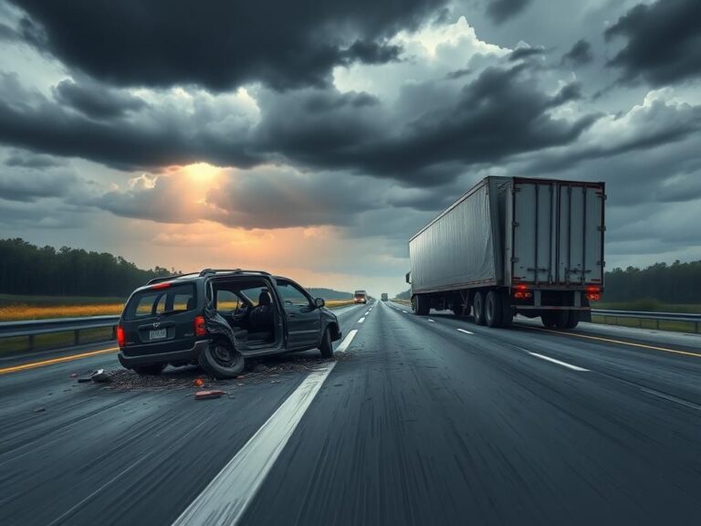 Flick International Abstract depiction of a tragic truck accident on Florida Turnpike with a shattered minivan and overturned semi-truck