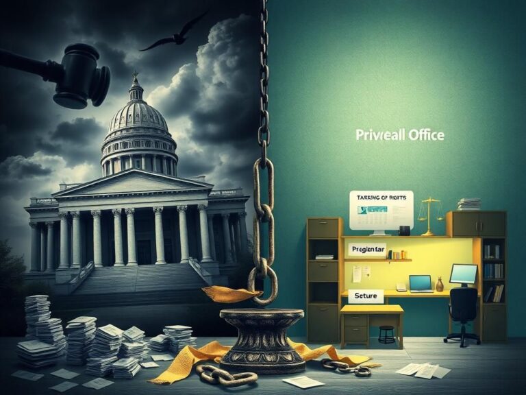Flick International A stark contrast between a gloomy government building symbolizing bureaucracy and a bright private bail office representing efficiency.