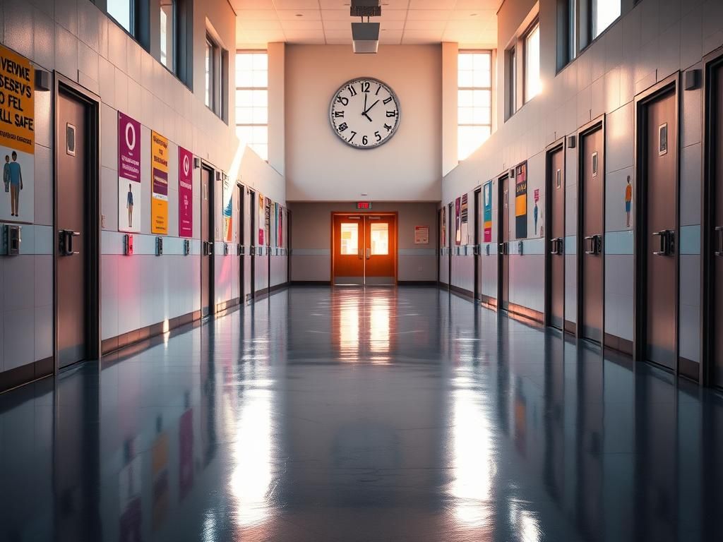 Flick International Empty school hallway with colorful gender-neutral bathroom signs, symbolizing inclusivity