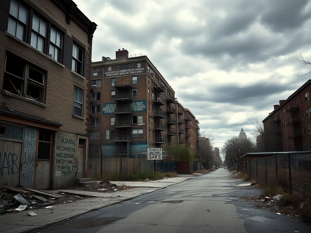 Flick International Crumbling urban landscape in New York City highlighting neglect and decay
