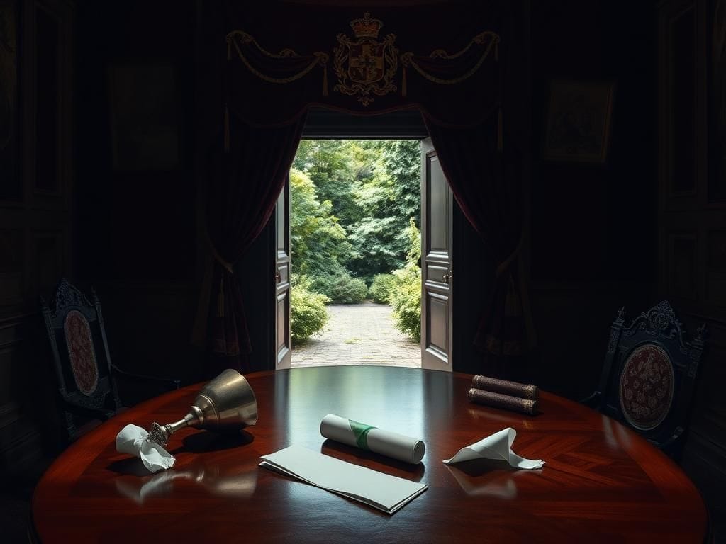 Flick International A dimly lit royal chamber with opulent decor illustrating Prince Andrew's oppressive nature towards staff