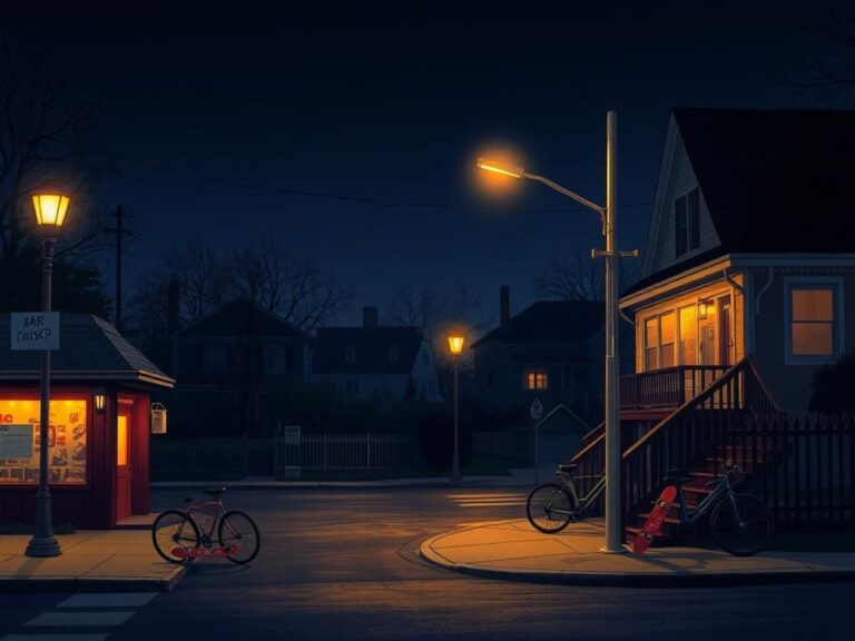 Flick International Nighttime view of a college town with empty streets and a closed bar, highlighting themes of safety concerns among students.