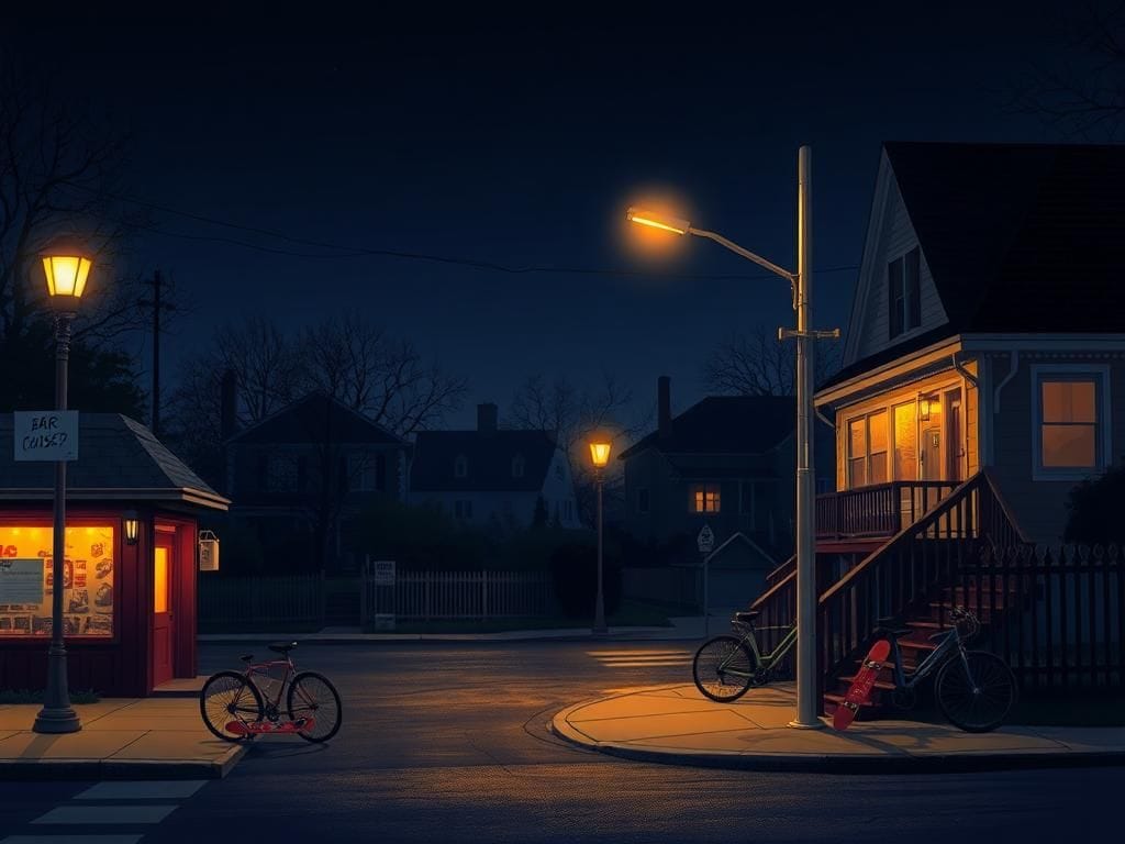 Flick International Nighttime view of a college town with empty streets and a closed bar, highlighting themes of safety concerns among students.