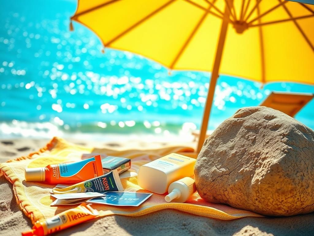 Flick International Artistic depiction of a sun-drenched beach scene with sunblock tubes reflecting risks of UV exposure