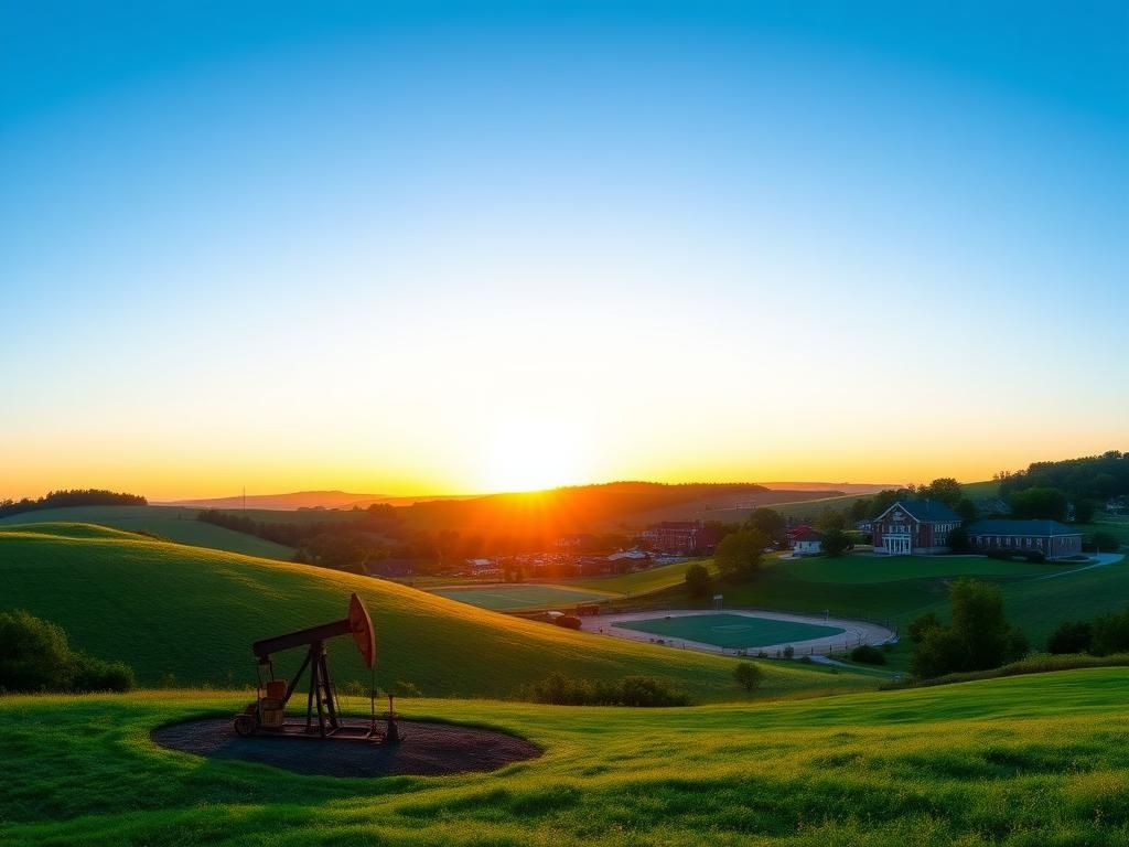 Flick International Panoramic view of Pennsylvania countryside at sunrise with an oil rig and small town