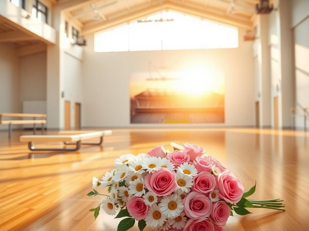 Flick International A sunlit gymnasium filled with polished wooden floors and gym equipment, representing Olivia Dunne's athletic journey.