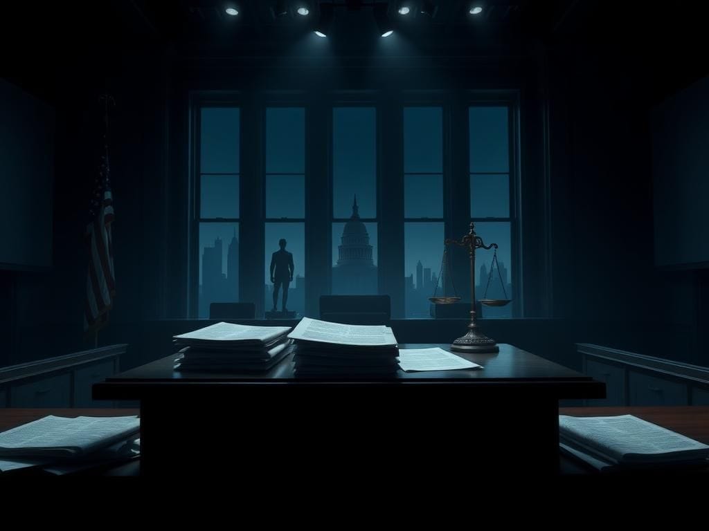 Flick International Dimly lit courtroom setting with empty witness stand and legal documents