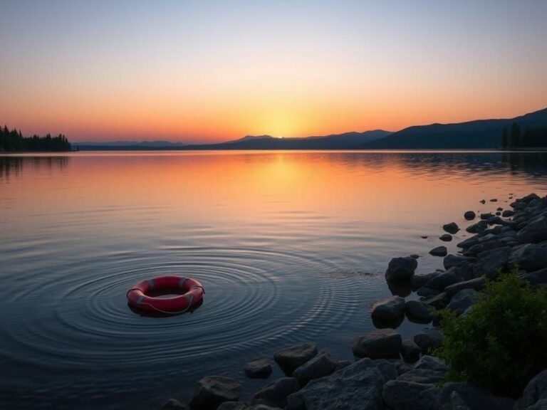 Flick International Tranquil lake at sunset with life preserver symbolizing the loss of Deng Mayar