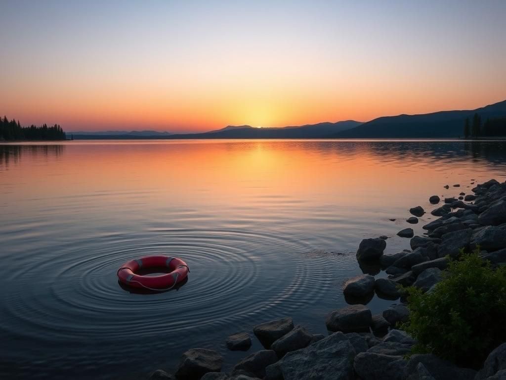 Flick International Tranquil lake at sunset with life preserver symbolizing the loss of Deng Mayar