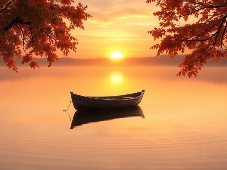 Flick International A serene sunset over a quiet lake with a solitary wooden boat representing resilience