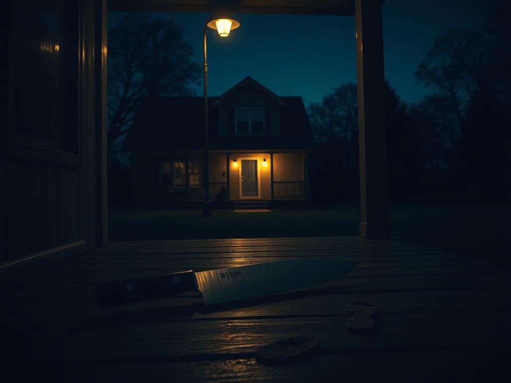 Flick International A dimly lit suburban home at night featuring a menacing kitchen knife on the porch