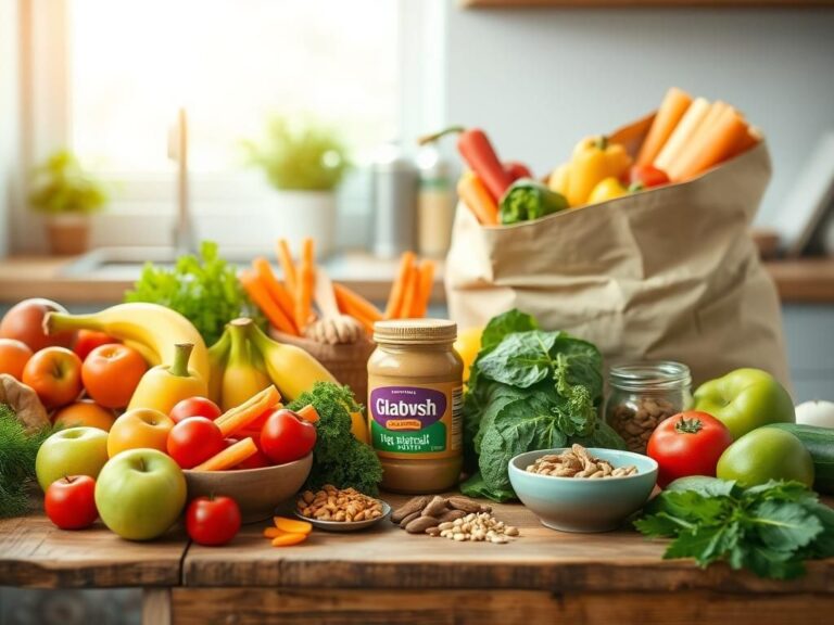 Flick International A vibrant kitchen scene displaying fresh whole foods including fruits, vegetables, nuts, and peanut butter.