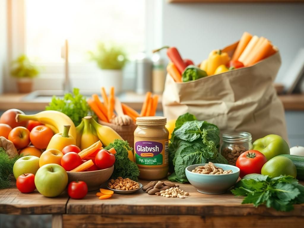 Flick International A vibrant kitchen scene displaying fresh whole foods including fruits, vegetables, nuts, and peanut butter.