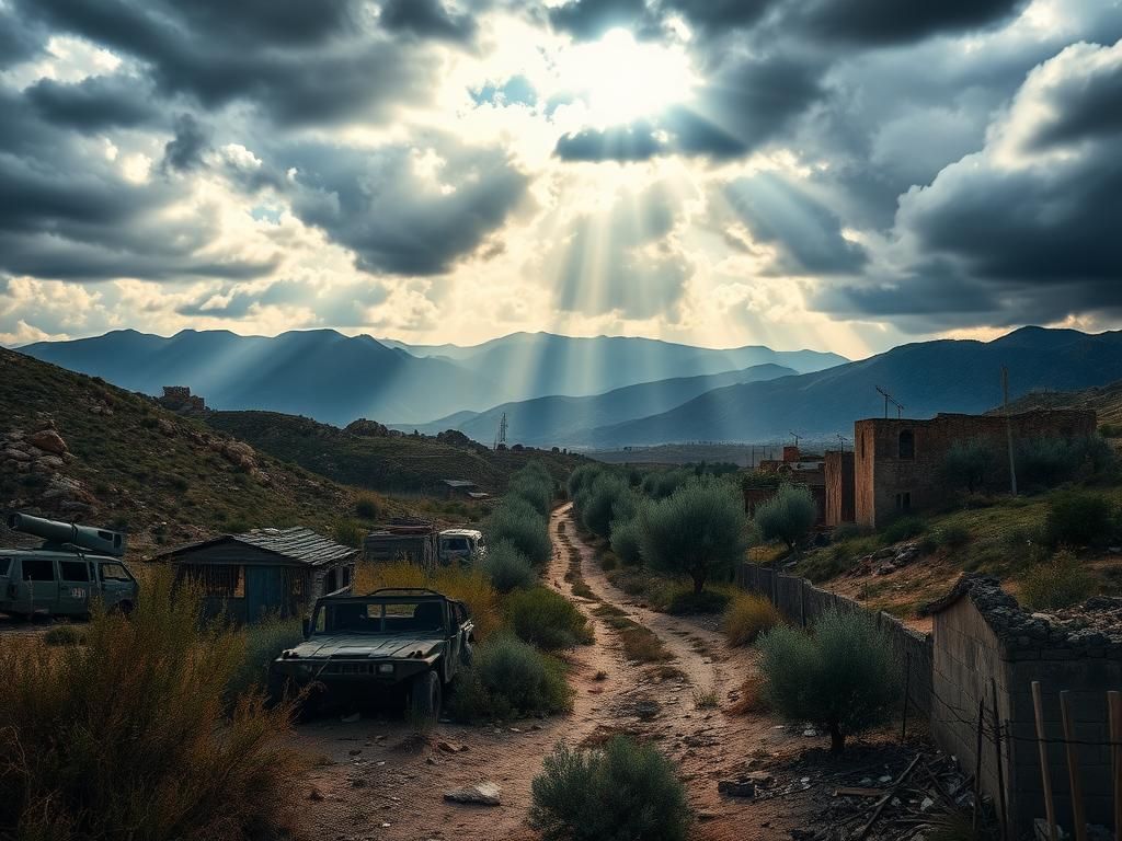 Flick International Dramatic landscape of the Lebanon-Israel border with remnants of war and olive trees