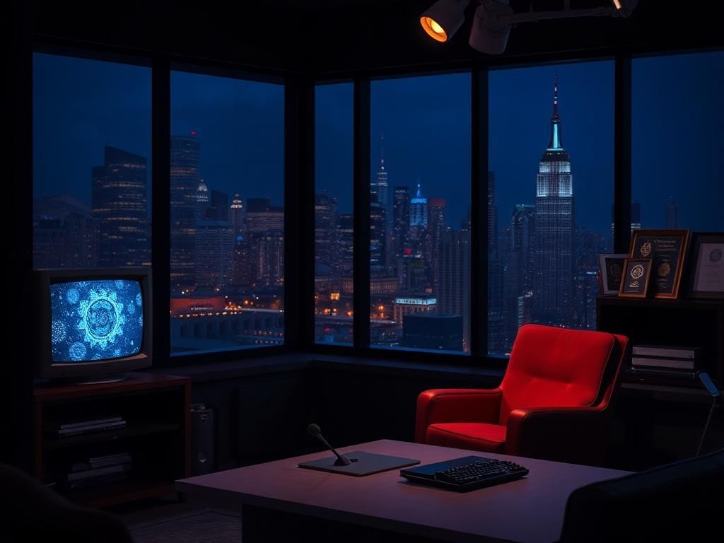 Flick International A cozy, dimly lit late-night television studio set with a sleek desk and iconic armchair, evoking the absence of a host.