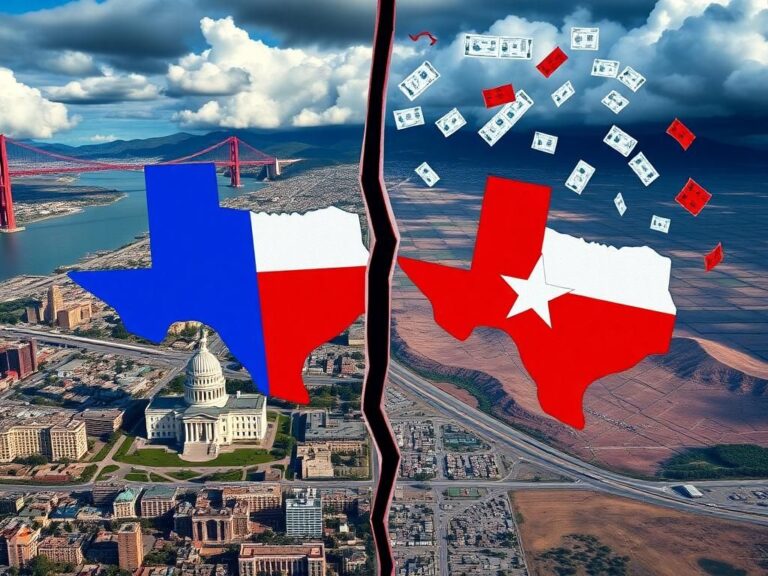 Flick International Aerial view of a cityscape representing California and Texas with a dividing line for redistricting efforts