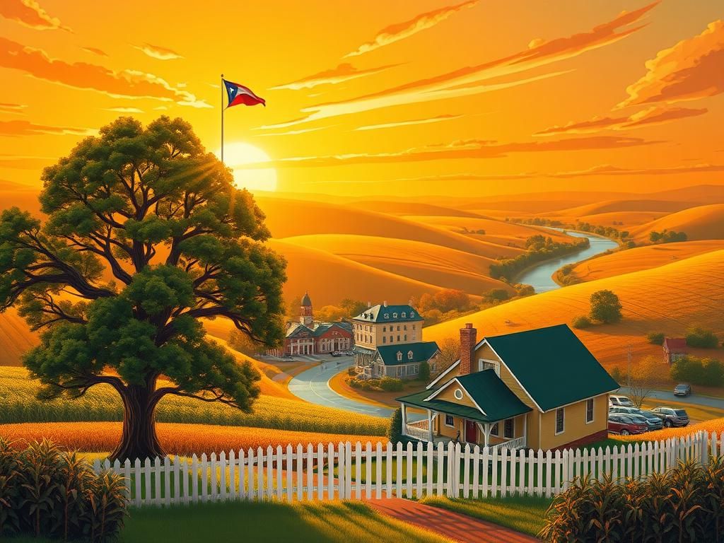 Flick International Scenic landscape of Ohio featuring rolling hills and a sunset over a small town