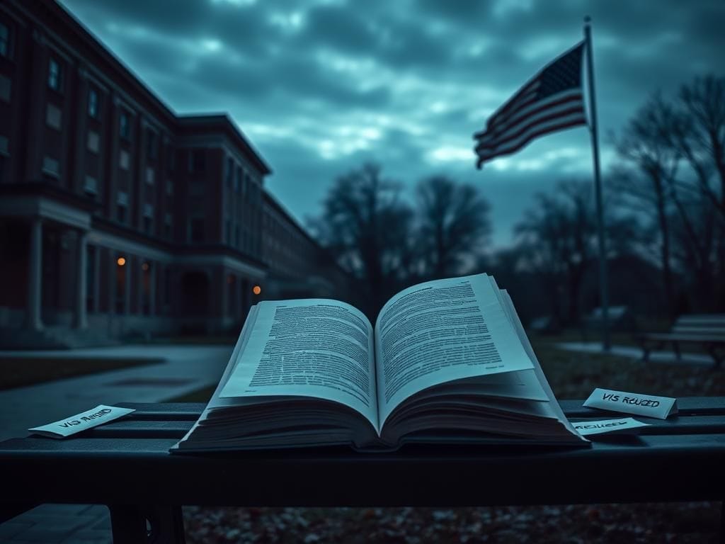 Flick International Empty university campus at dusk depicting isolation and scrutiny